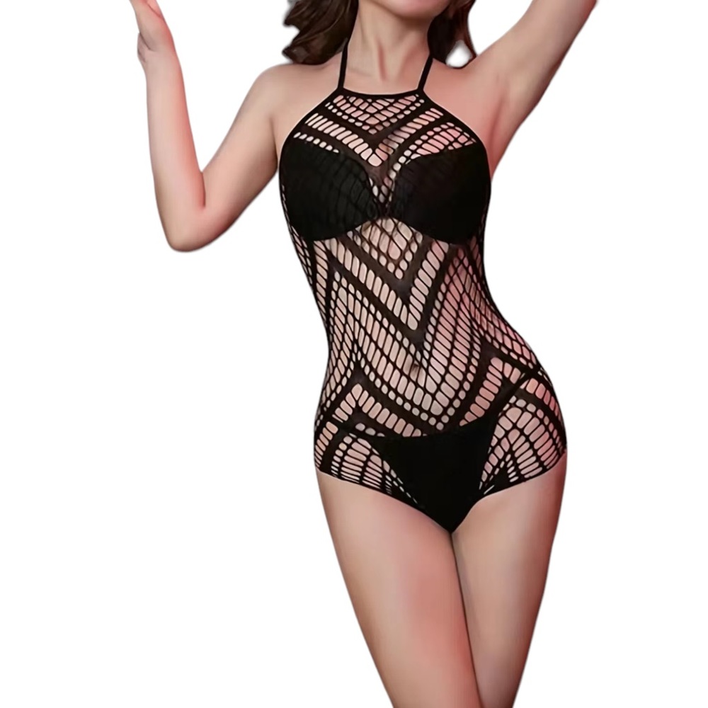 Sexy Lace Halter Neck Teddy Semi-Sheer Plunging Fishnet Thong Back Bodysuit,